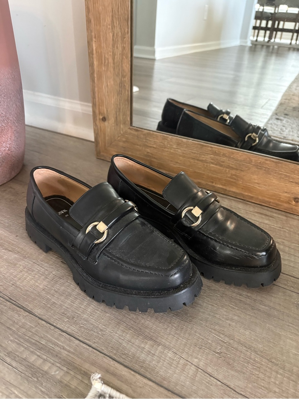 Zara Women’s Black Leather Lug-Sole Loafers with Metal Bit